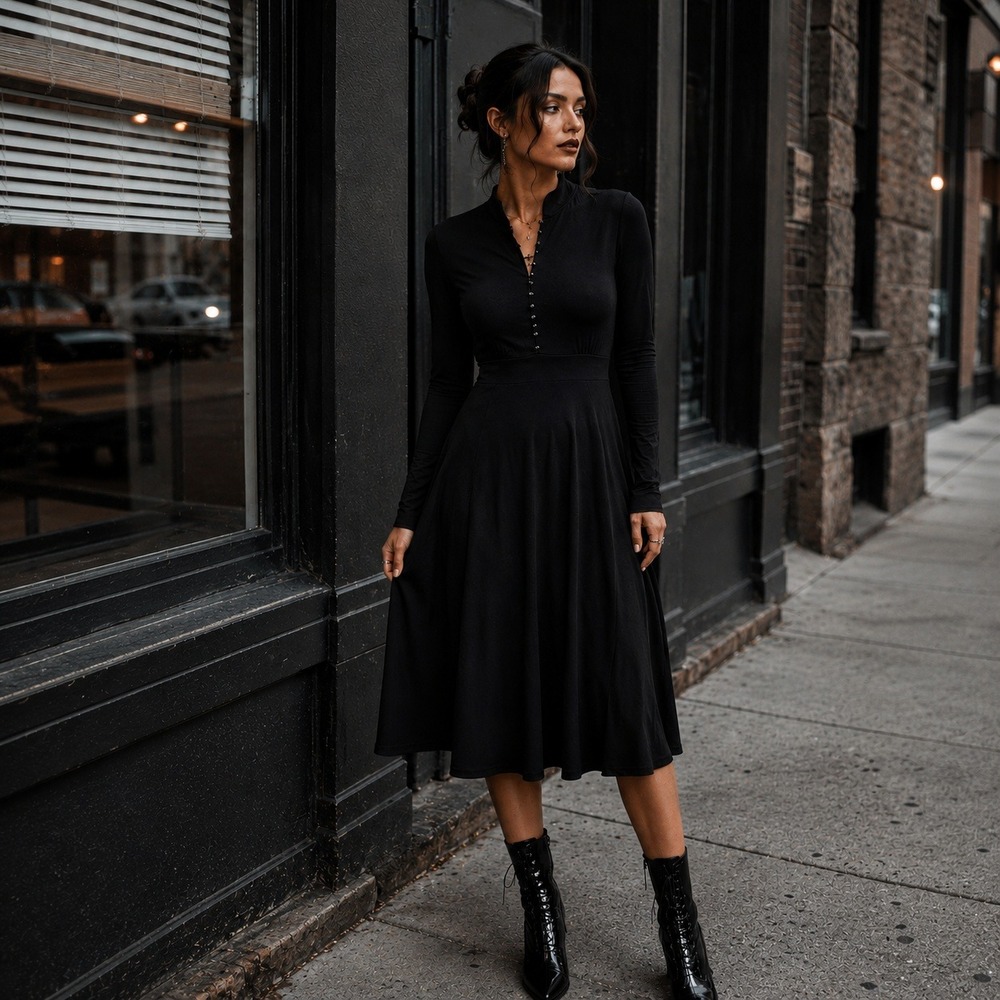 Womens Vintage Y2K Black Goth Victorian Midi Dress S Minimalist Witchy Grunge